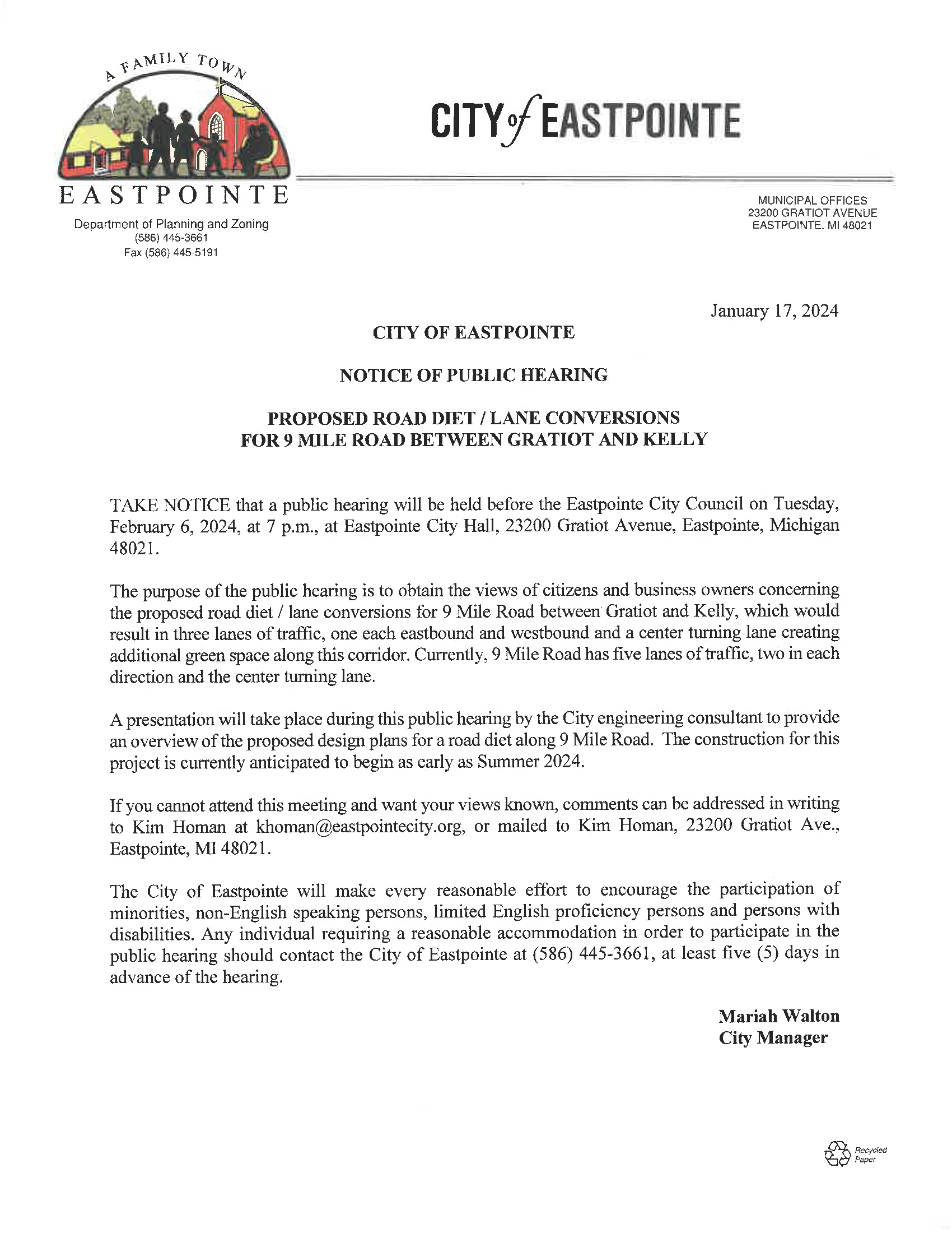 Eastpointe Proposed Road Diet Notice to Residents (002)